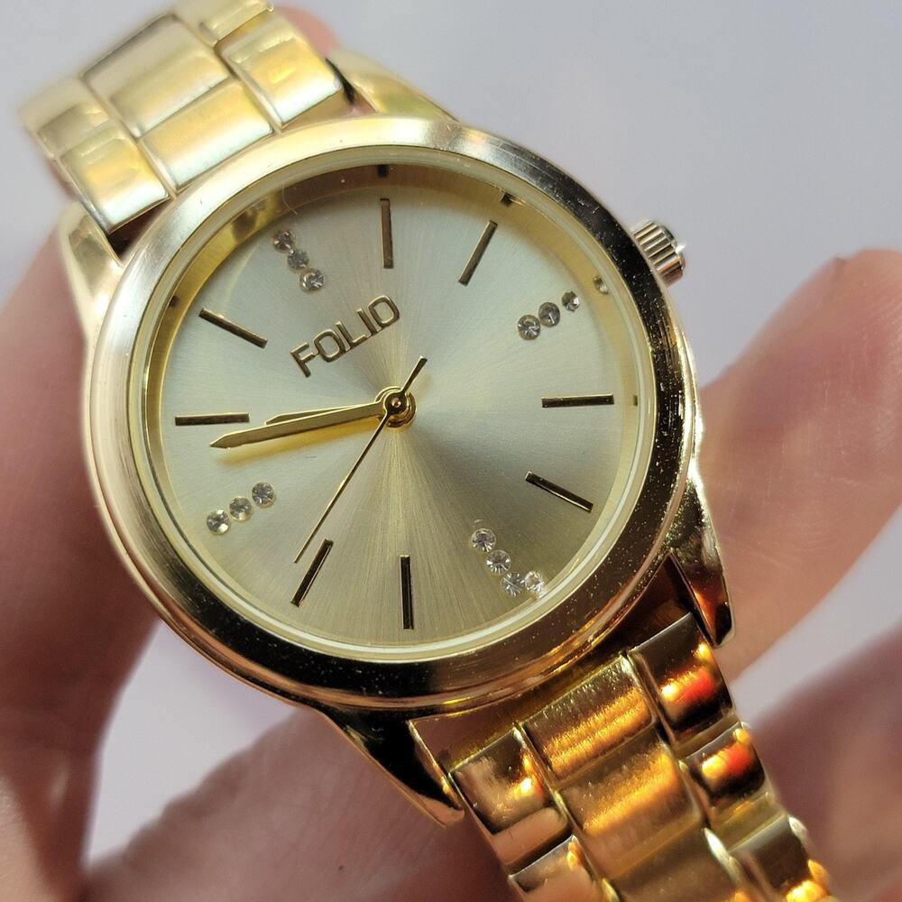 Vintage Folio FDL927 Womens Dress Watch 28mm Gold Tone Gold Dial Bracelet Quartz